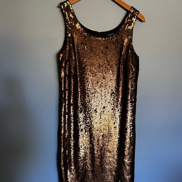 Ralph Lauren Gold Sequin shift dress lined copper party cocktail shimmer new - Picture 2 of 6